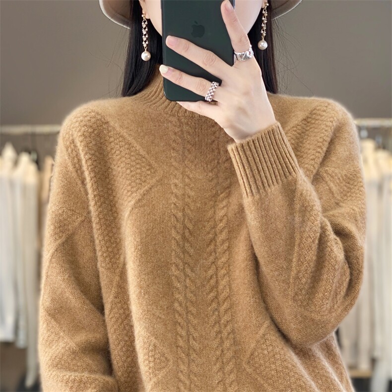 半高领加厚女秋冬款菱形扭花宽松针织毛衣打底羊绒衫,女装羊毛衫,大美人高端店