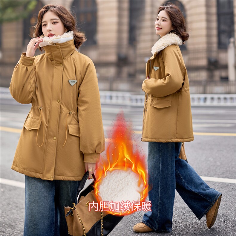 9113时尚中长款加绒加厚外套（毛领可脱卸）,女装派克服,依路服饰