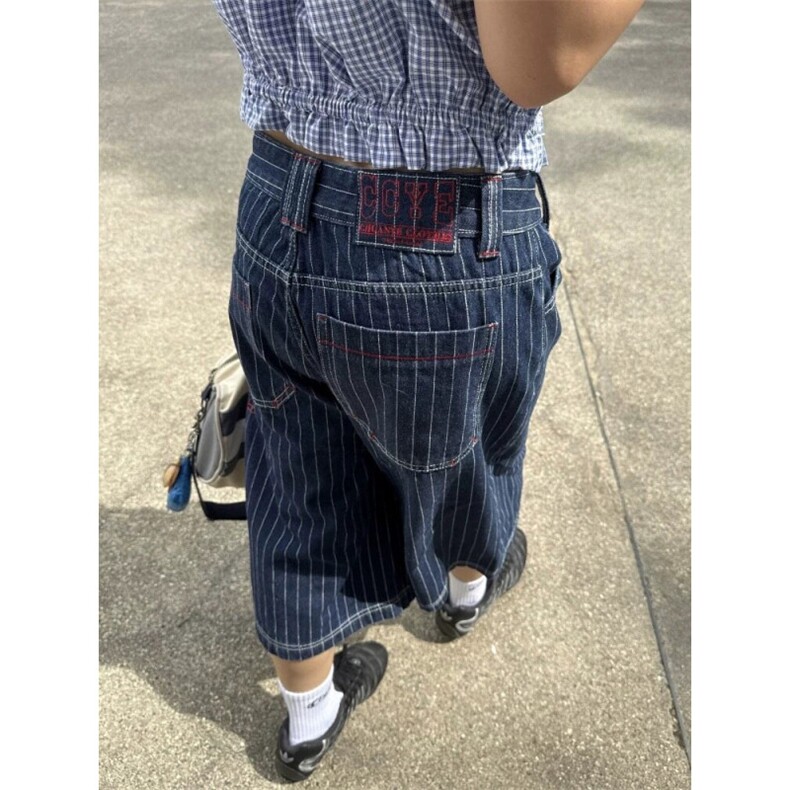 AK2237-P62美式条纹宽松阔腿刺绣牛仔短裤休闲七分裤,男装牛仔裤,星座617A-2