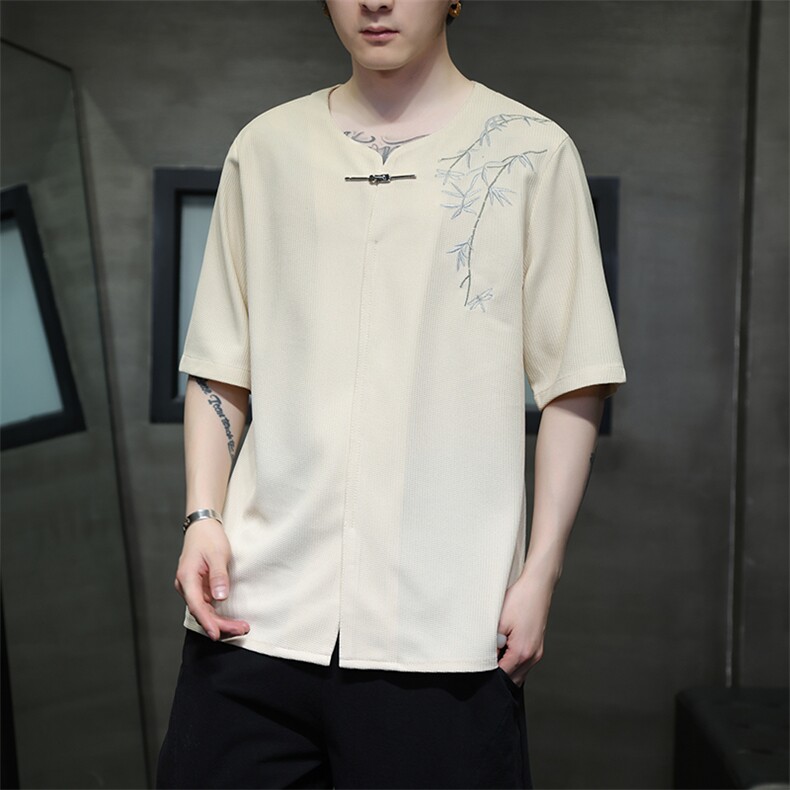 新中式金属扣风潮T恤短袖民族服竹子刺绣汉服时尚T2410-P55,男装T恤,电商A227