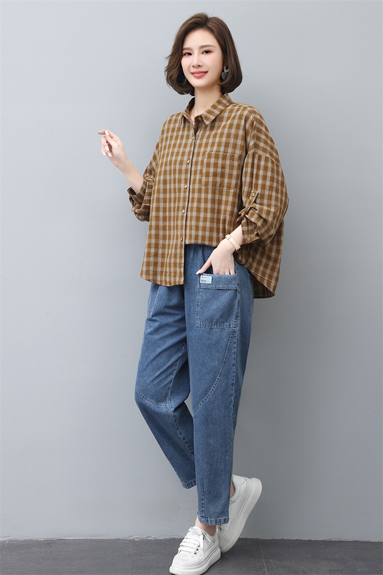 时尚格子长袖衬衫女宽松显瘦百搭上衣外套,女装衬衫,叶笙衣