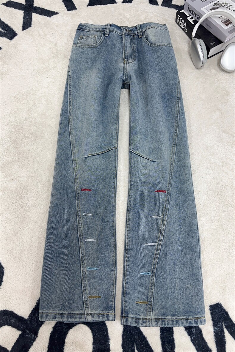 B221美式ins高街暗黑个性扣眼修身微喇牛仔裤LK26655-特P46控78,男装牛仔裤,电商B221