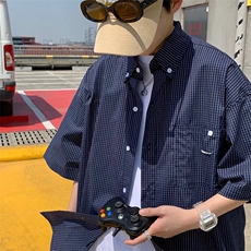 港风日系潮牌条纹格子衬衫男短袖宽松工装半袖衬衣外套C55，男装衬衫，星座1116A-1（原606A）