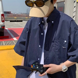 港风日系潮牌条纹格子衬衫男短袖宽松工装半袖衬衣外套 C55图片