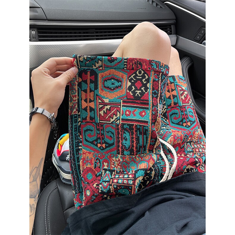 国潮民族风编织休闲短裤男夏季潮牌复古宽松直筒透气运动五分裤子，男装休闲裤，电商A022