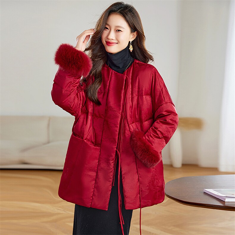 狐狸毛复古风提花羽绒服女2024新款冬季白鸭绒高级感新中式外套,女装羽绒服,浙宝281