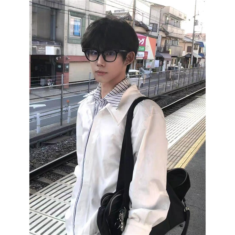 网络图2025春秋潮流高级感痞帅假两件拼接长袖衬衫,男装衬衫,星座410-7