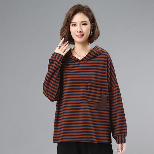 2021秋季新款时尚拼接条纹连帽上衣，女装卫衣/绒衫，叶笙衣