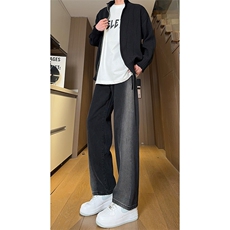 现货黑紫色拼接宽松阔腿直筒撞色休闲牛仔裤男女K5820-P50控78，男装牛仔裤，星座205