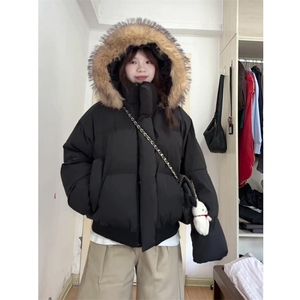 现货三防重磅硬挺boxy短款羽绒棉衣座山雕大毛毛领PU皮棉服外套冬图片