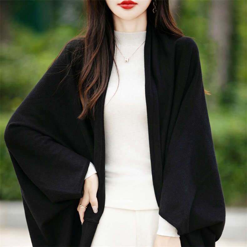 宽松慵懒斗篷披肩外搭女春秋冬高端针织开衫蝙蝠袖中长款毛衣外套,饰品披肩,暖姿羊绒
