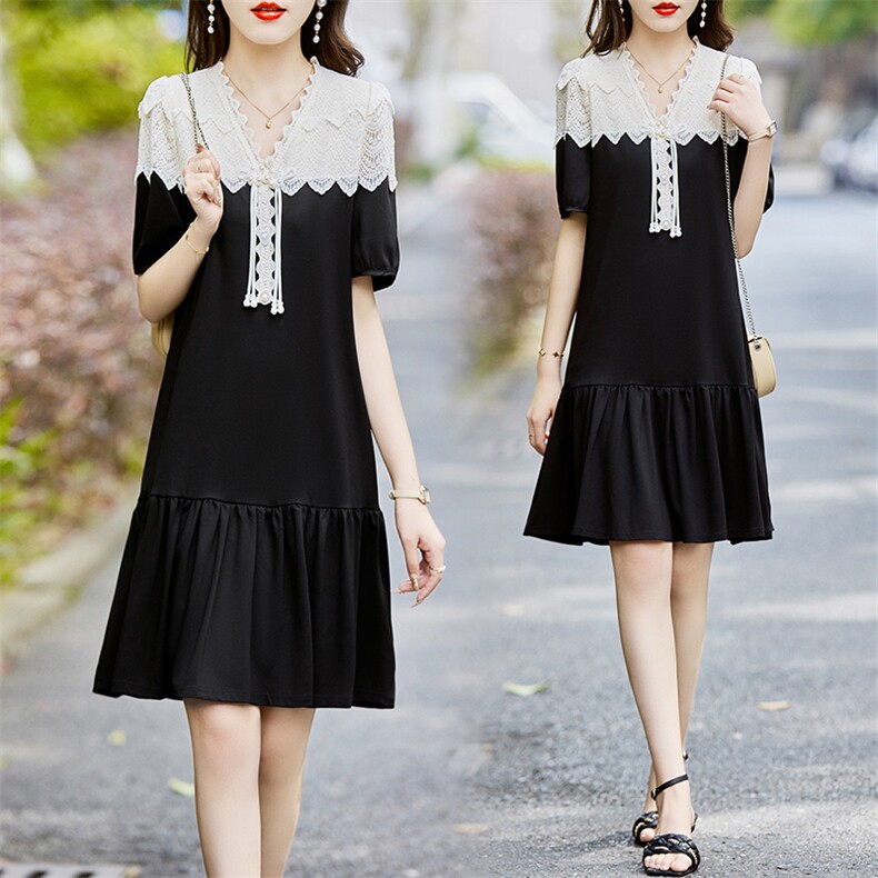 楠序源子大码女装夏季新款气质连衣裙胖mm蕾丝拼接时尚显瘦小黑裙,女装连衣裙,魅丽静蓝