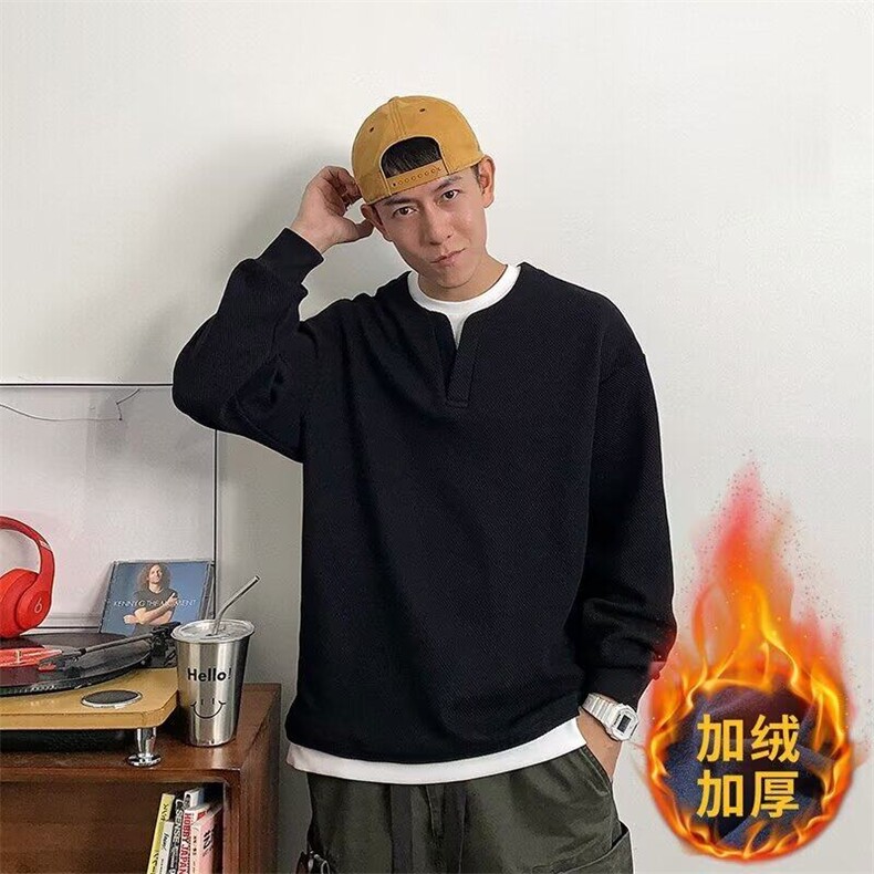加绒加厚华夫格假两件卫衣男秋冬季2024新款高级感圆领长袖打底衫图片