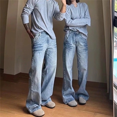 W9222-P48网图现货春季新款小众裂纹水洗浅蓝色牛仔裤，男装牛仔裤，星座1608-2