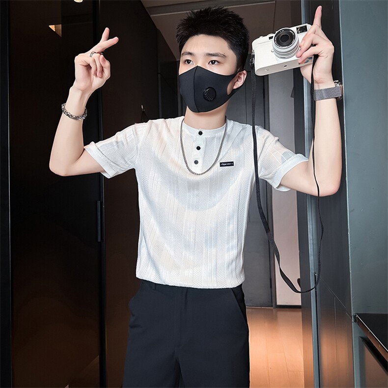短袖毛衣针织衫半袖男修身圆领社会小伙店主风301C-DM05-P58控78,男装T恤,星座301C（原B323）