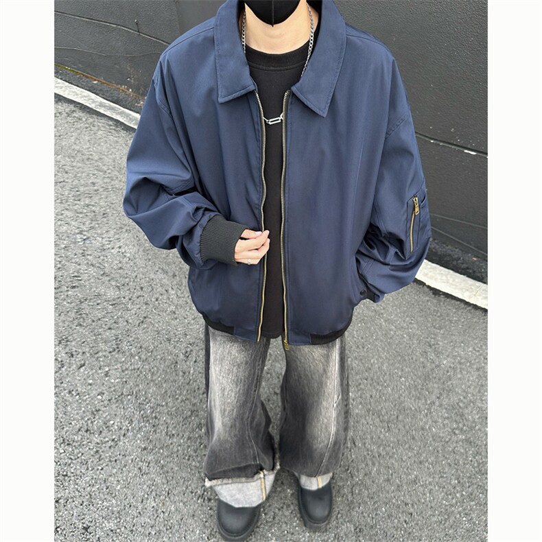 新款春秋美式宽松痞帅翻领飞行夹克复古百搭工装外套男士6185-P50图片
