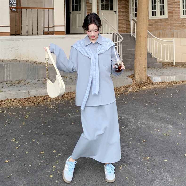 蓝色披肩衬衫套装裙女春秋2025新款流行松驰感两件套爆款超火流行,女装套装/套裙,2C108