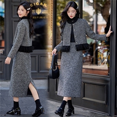 现货财阀千金系列小香风高级感黑白外套长裙时尚气质两件套女，女装套装/套裙，众宇琦