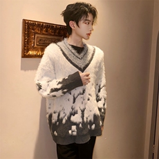 (图）氛围解构领渐变圣诞氛围V领毛衣男仿貂毛2802-P70，男装针织衫/毛衣，星座910-5