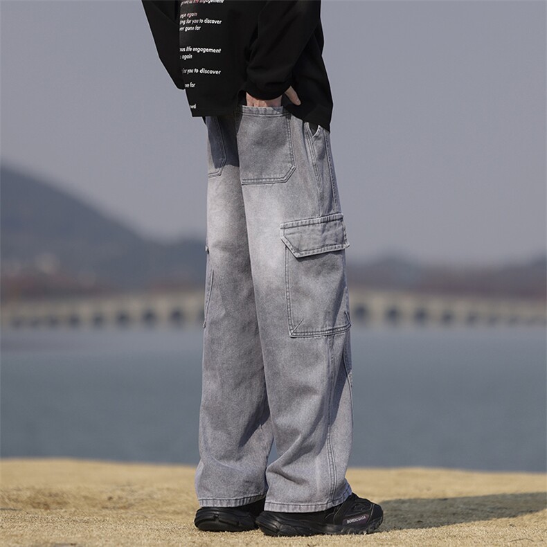 【现货】秋季新款美式复古工装口袋拼接宽松阔腿裤牛仔男816-P50,男装牛仔裤,星座1006