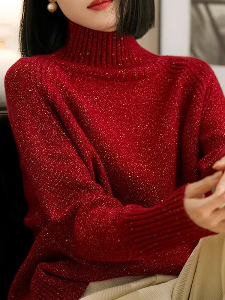 亮丝金豆纱羊绒衫女软糯保暖慵懒毛衣套头2025秋冬高领针织羊毛衫,女装羊毛衫,唯若美羊绒