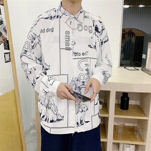 日系复古抽象涂鸦印花宽松衬衣潮男装chic长袖衬衫 W1113-P35图片