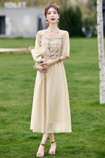 新中式国风连衣裙女装2024新款夏季高级感小个子气质名媛盘扣裙子，女装连衣裙，魅丽静蓝