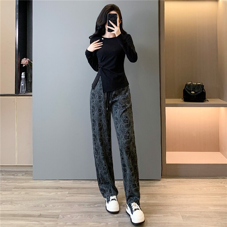 女秋穿搭时尚气质套装圆领不规则开叉设计长袖上衣阔腿长裤两件套,女装套装/套裙,江南