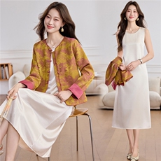 现货春季时尚潮流通用两件套女2026年春季中式外套百搭醋酸裙子，女装套装/套裙，木橙西子