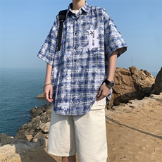 衬衫男港风宽松格子短袖衬衣夏季潮流痞帅休闲半袖外套CS099-P40，男装衬衫，星座308B-1
