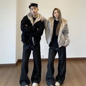 现货高品质美式高街冬季重磅硬挺短款座山雕毛领棉衣男女加厚外套图片