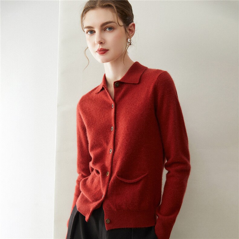 时尚简约POLO领100%山羊绒开衫带兜女宽松显瘦针织毛衣外套百搭,女装羊绒衫,米乐羊绒