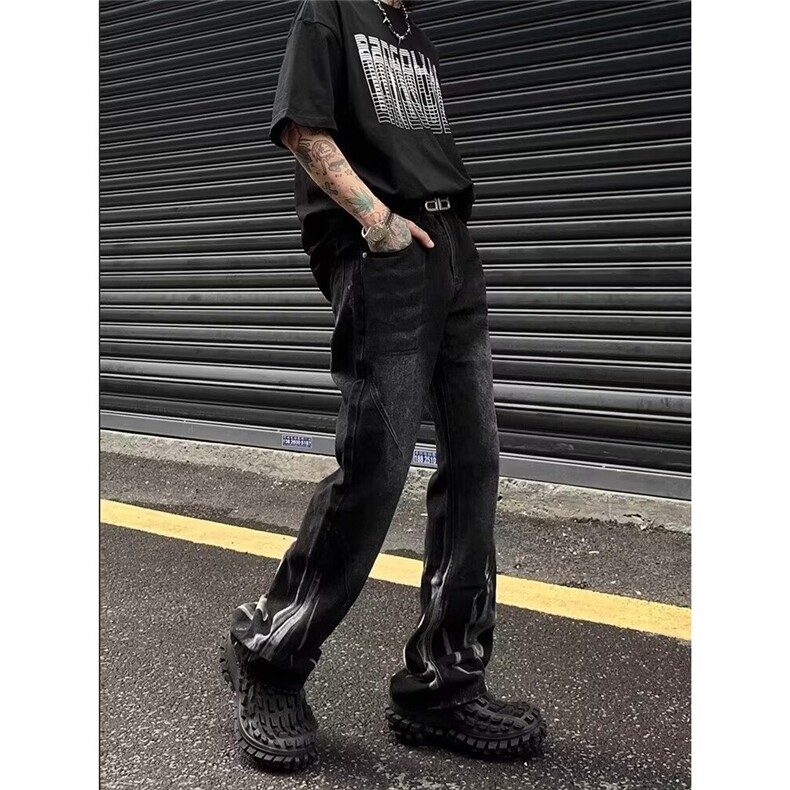 美式裤子高街扎染黑色渐变牛仔裤男款宽松显瘦直筒设计感小众长裤,男装牛仔裤,星座506A
