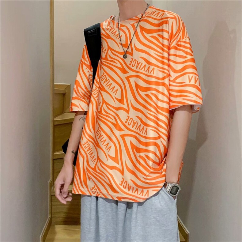 夏季斑马纹上衣男短袖T恤潮oversize宽松炸街情侣半袖 T674-P20图片