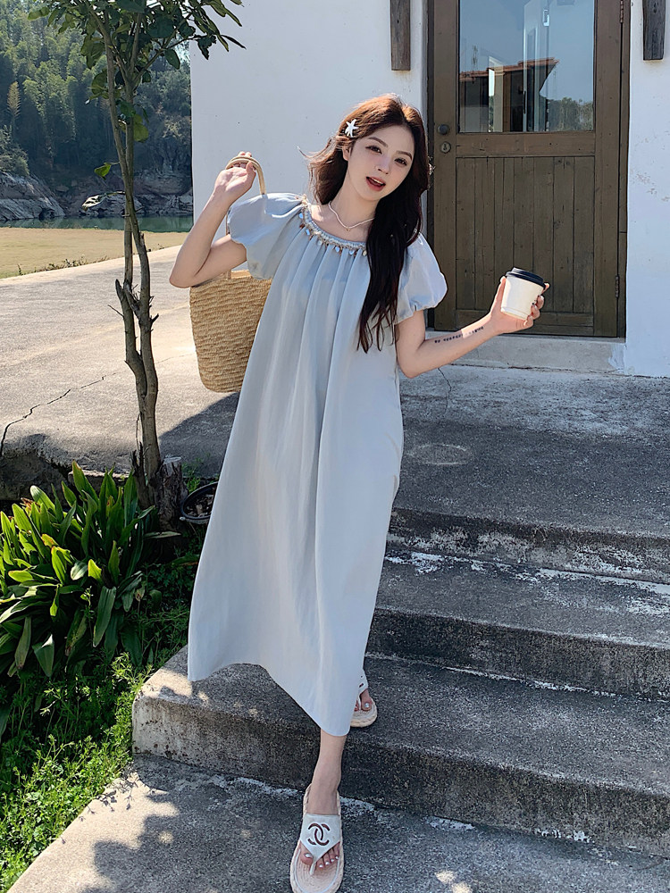 设计感蓝色泡泡袖宽松连衣裙女2025年夏季新款圆领温柔风气质长裙，女装连衣裙，浙宝128A