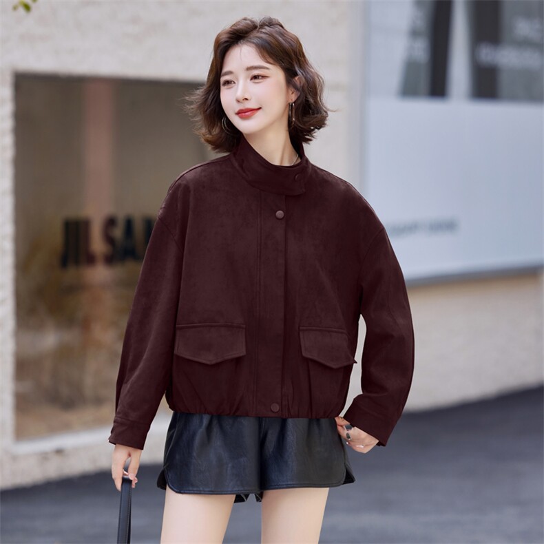 咖色鹿皮绒短外套女2025秋季新款韩版时尚机车服休闲工装夹克上衣,女装短外套,意芙