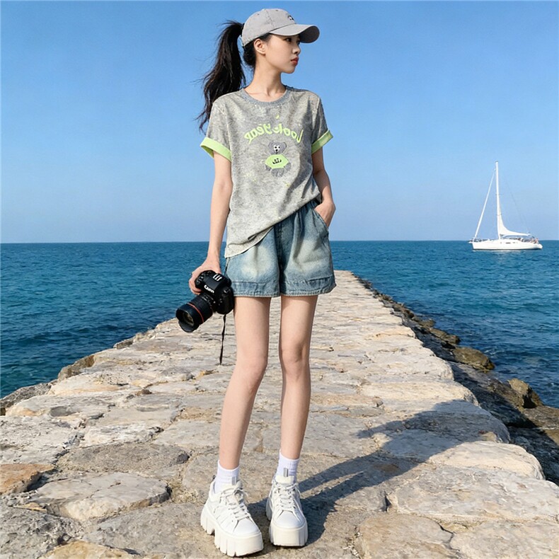 韩系休闲运动时尚套装女夏新款圆领扎染刺绣上衣牛仔短裤两件套潮,女装套装/套裙,江南