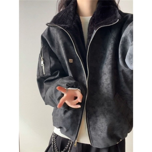 网图美式仿兔毛PU皮翻领棉服工装棉衣情侣外套 A025-KY1811-P98图片