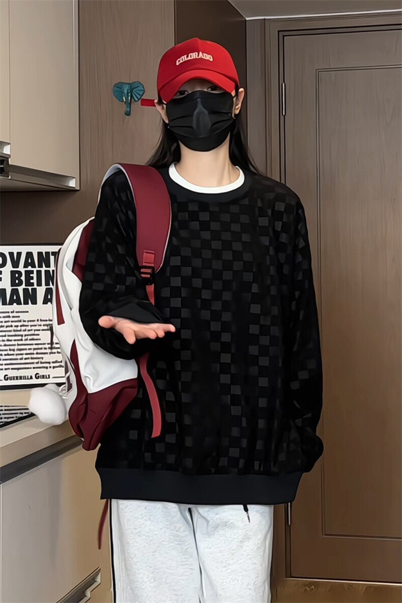 S5020/特P32春装新款棋盘格套头卫衣男潮宽松百搭长袖T恤外套,男装卫衣,电商A141