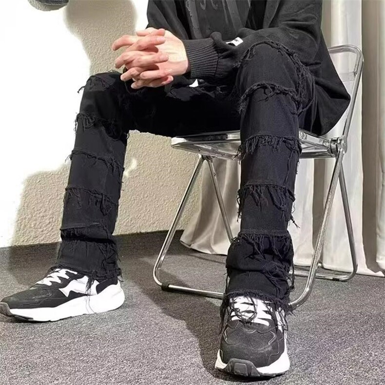 2024美式黄色系糜烂破坏毛边喇叭牛仔裤N5150P60,男装牛仔裤,星座1116-2