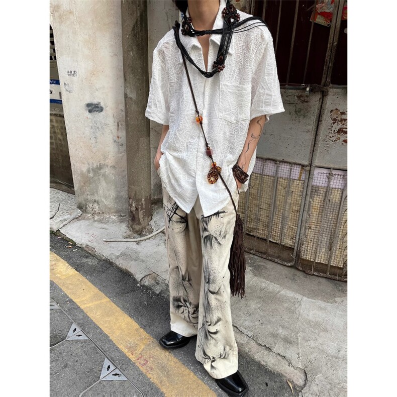 古巴领褶皱免烫短袖衬衫男提花刺绣休闲开衫外套CM503网络图,男装衬衫,星座1116A（原606A-3）