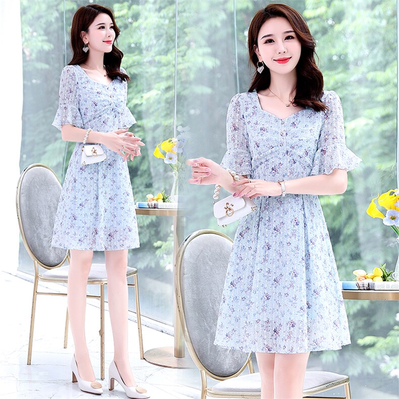 2024夏季休闲气质优雅简约大方时尚潮流碎花显瘦收腰连衣裙，女装连衣裙，伊航服饰