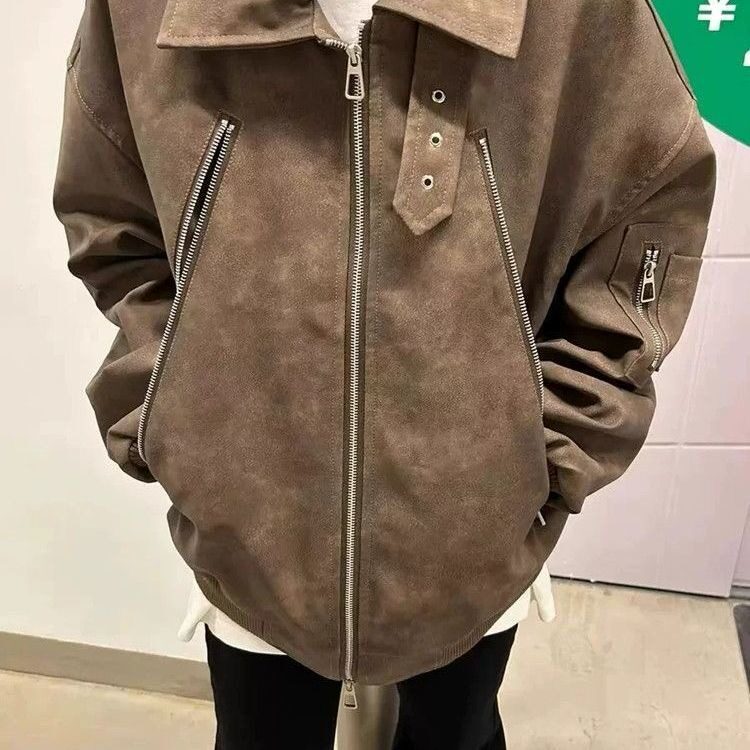 733-P60美拉德棕色PU皮机车外套男春秋美式vintage多拉链,男装工装外套,电商B323A