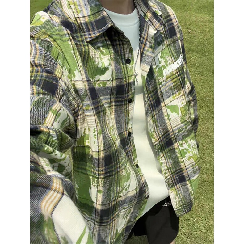 扎染格子衬衫男生春秋季中性简约风情侣潮牌宽松休闲长袖衬衣外套,男装衬衫,电商A007