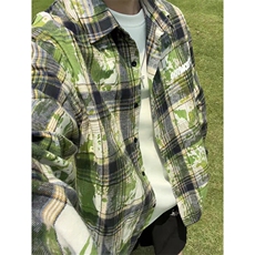 扎染格子衬衫男生春秋季中性简约风情侣潮牌宽松休闲长袖衬衣外套，男装衬衫，电商A007