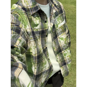 扎染格子衬衫男生春秋季中性简约风情侣潮牌宽松休闲长袖衬衣外套