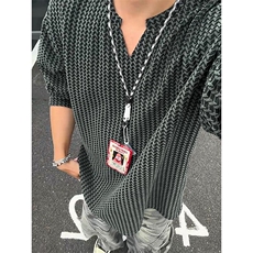 新款270g雪尼尔百搭波浪条纹V领宽松长袖T恤男T24547特P25控58，男装T恤，电商A001