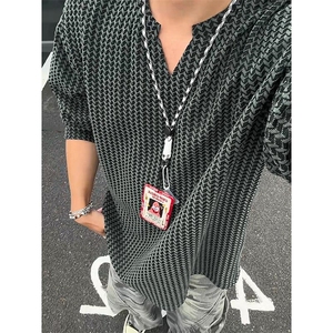 新款270g雪尼尔百搭波浪条纹V领宽松长袖T恤男T24547特P25控58图片