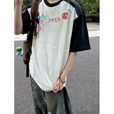 抖音得物高品质二开240克宽松纯棉美式潮牌插肩袖拼接短袖T恤，男装T恤，电商A486