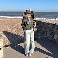 现货重磅boxy短款棉衣座山雕大毛毛领男女棉服水洗工装厚外套，男装棉衣，电商A486-1
